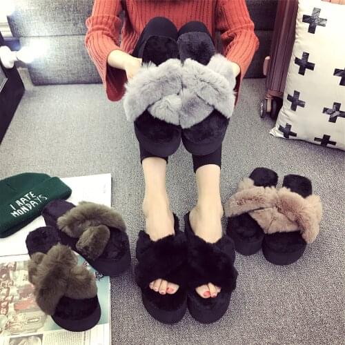 Wedges heels rabbit fur slippers women cross band furry slides solid high heels pantuflas femme ulzzang cut-out platform shoes