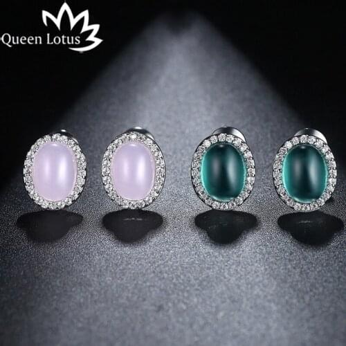 Queen Lotus 2018 Women Vintage Earrings Green/Pink Opal Earrings Luxury Retro Stud Earrings Jewelry Crystal Ornamentation Party