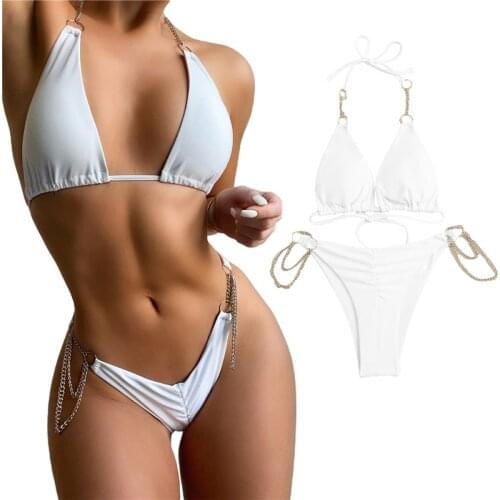 New Arrival Simple Style Solid Color Chain Decoration Hanging Neck Bikini Summer Split Swimwear Set Ladies Backless Swimsuit
