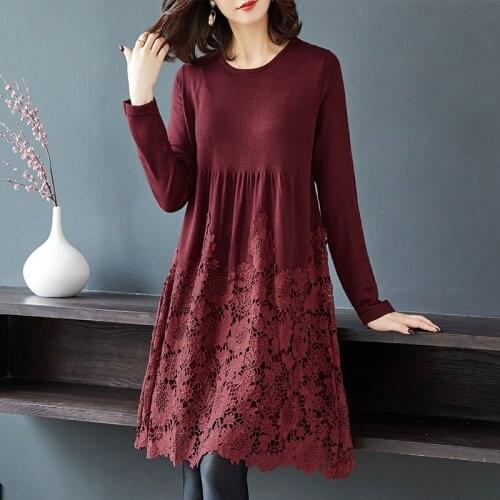 Autumn Winter Dresses Women Patchwork Lace Embroidery Loose Sweater Clothes Plus Size Spring Casual Party Elegant Dress