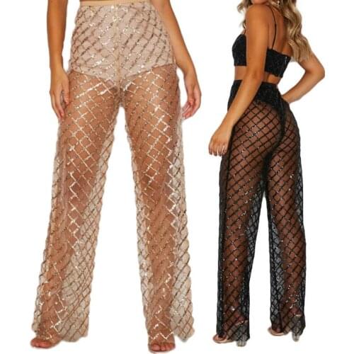 2020 Fashion Womens See Through Sheer Mesh Wide Leg Pants High Waist Beach Cover Up Club Sexy Long Pants