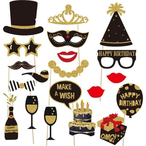 21Pcs Happy Birthday Paper Photo Booth Props Mask Photobooth Anniversary Adult Birthday Party Decoration Supplies