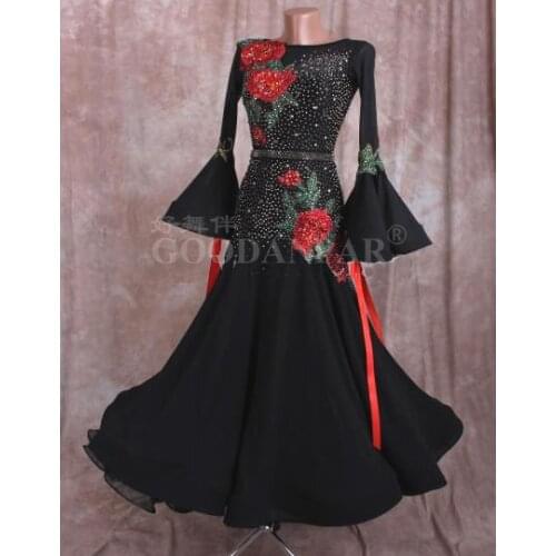 GOODANPAR Custom-made ballroom dress standard drag queen costumes Waltz Tango Quickstep Dance Dress black Flare Sleeve