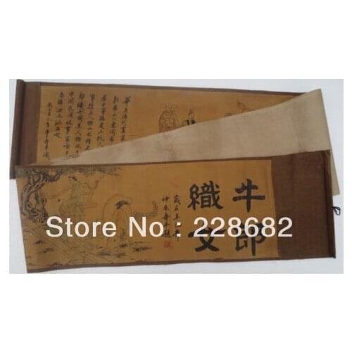 Free Shipping Chinese Calligraphy Scroll Painting Cowherd Boys And Girls Weaving