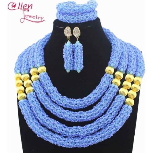Sky Blue Big Costume Dubai Jewelry Set earrings Nigerian Wedding African Beads Jewelry Set For Women Free Shipping E1074
