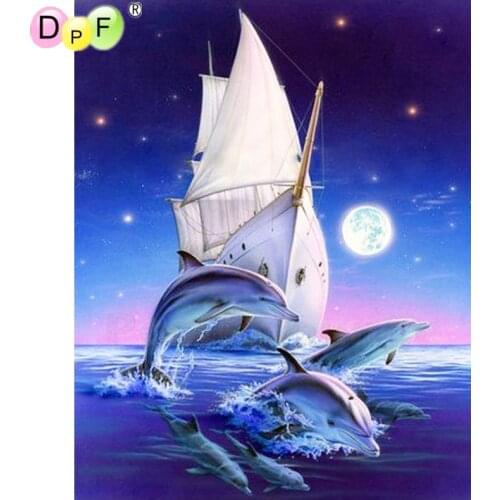 DPF 5D Round full Diamond painting Cross Stitch diamond Mosaic sailboat dolphin Diamond Embroidery Needlework home decor crafts