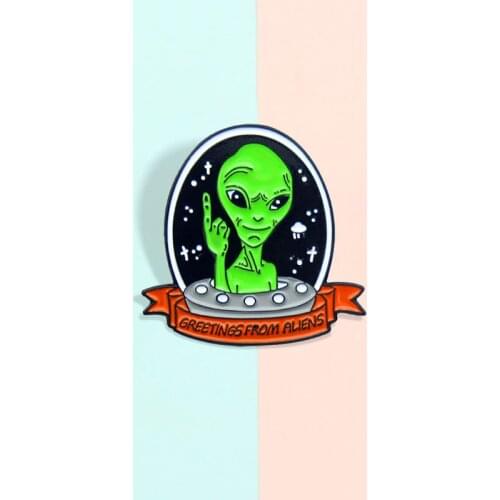 Greetings from aliens Enamel Brooch night Green aliens UFO Red banner Lapel Pin Bags and clothes Custom Badge Gifts for friends