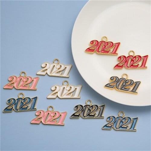 Julie Wang 5PCS Enamel Year Number 2021 Charms Mixed Colors Alloy Pendants Jewelry Making Necklace Earrings Accessory