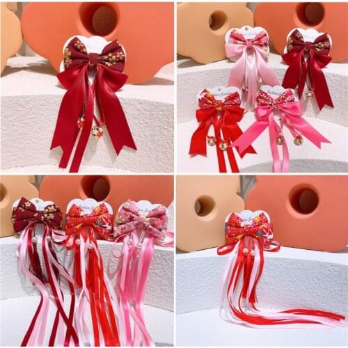 Chinese New Year Baby Girl Tassel Ribbon Hairpin Hanfu Style Bow Top Clips Retro Headdress Kids Hair Accessories