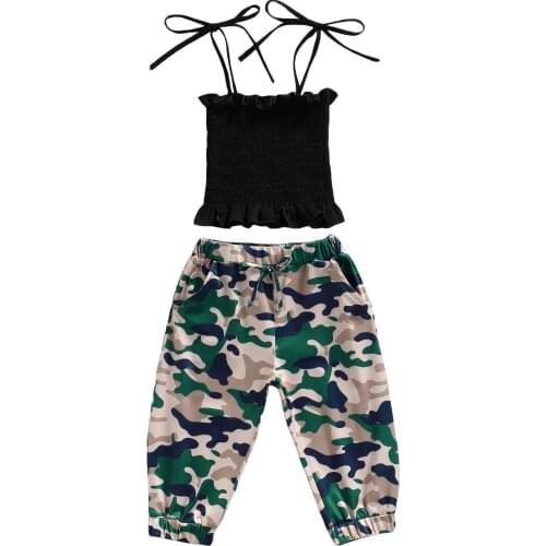 OPPERIAYA 2Pc Little Baby Girls Outfit Sweet Style Solid Color Lace Hem Sleeveless Elastic Suspender Tops Camouflage Print Pants