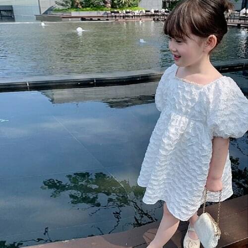 New Girls Summer Cotton White Dress Princess Puff Sleeves Loose Costumes Party Casaual Dress Flower Girls Dress