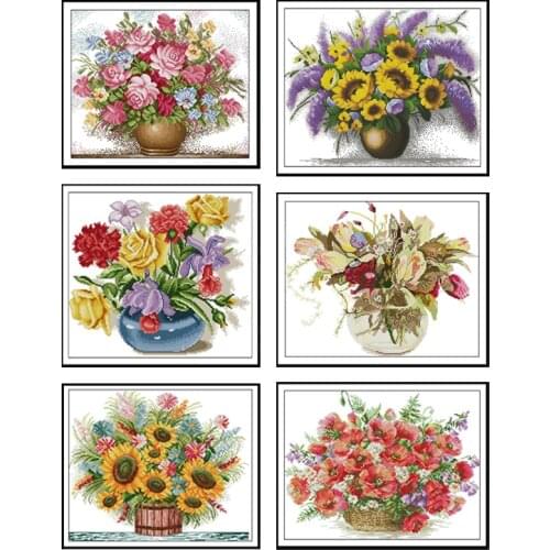 The Tulip Vase Patterns DIY Needlework Sets Cross Stitch Sets for Embroidery Kit Pink Rose 11ct 14ct Printed Canvas Cross-stitch
