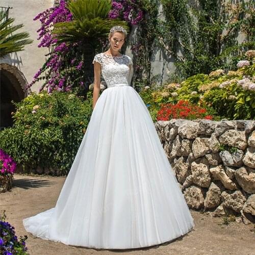 Newest Exquisite Lace Appliques Wedding Dresses Vestido De Novia 2021 A Line Tulle Bridal Gowns Beach Cap Sleeves Bride Dress