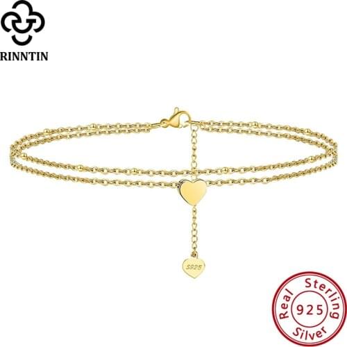 Rinntin 925 Silver Summer Layered Heart & Satellite Chain Anklet for Women Fashion Beach Ankle Straps Leg Chain Jewelry SA17