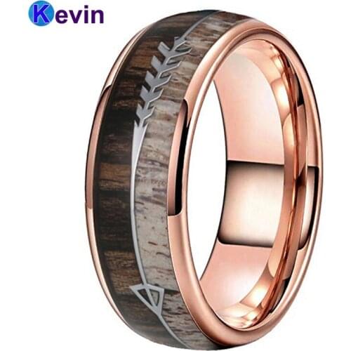 Dear Antler Ring Men Women Rose Gold Tungsten Wedding Rings With Zebra Wood Antler Arrows Inlay 8MM Comfort Fit