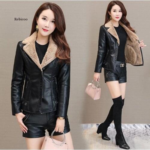 Autumn Winter Women Leather Jacket Faux Fur Coat Warm Plush Thicken Female Slim Short Outwear Biker Motorcycle Clothes