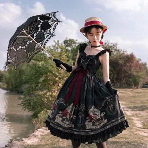 Lolita JSK Dress Nightingale Jsk Gothic Dark Black Vintage Victorian Princess Party Dresses Straped Sleeveless Vestidos AFC618