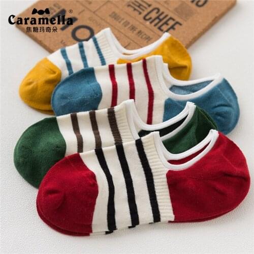Caramella Gift Box Set Men Socks 4 Pairs Cotton Mens Socks Boys Summer Invisible No Show Socks Low Cut Colorful Stripe Pattern