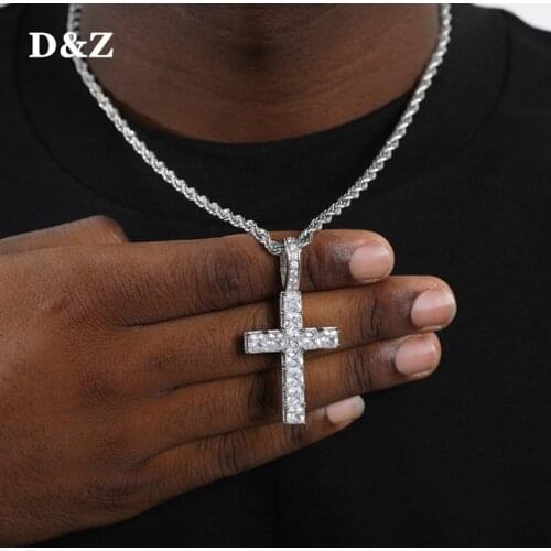 D&Z Iced Zircon Baguette Cross Pendant With 4mm Tennis Chain Mens Hip hop Jewelry Gold Silver Color AAA CZ Pendant Necklace