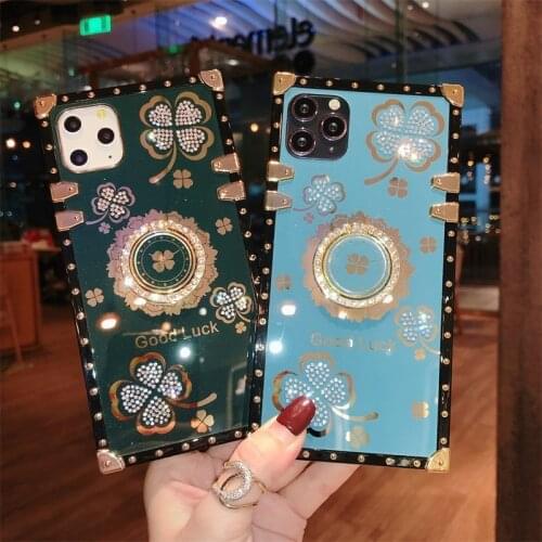 Luxury Glitter Diamond Ring Flowers Square Phone case For Samsung Note 20 Ultra Note10 S21 S20 Plus S10 S9 A71 soft Cover Fundas