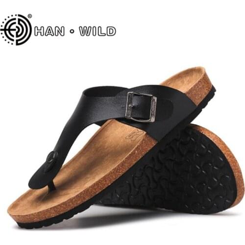 Mens PU Leather Cork Slippers Anti-skid Outdoor Casual Beach Slides Fashion Flip Flops Man and Women Summer Sandals