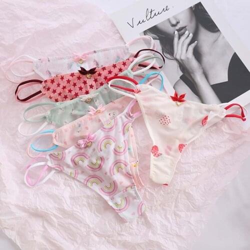 1Pcs Thongs Panties Gauze Breathable Low-waist Breathable Sexy Ladies Underpants Bow knot Strawberry Print