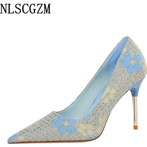 Office 2021 Pumps Women Shoes Bling Shoes for Women 2021 High Heels Wedding Shoes for Women Bride Blue Heels Zapatillas De Mujer