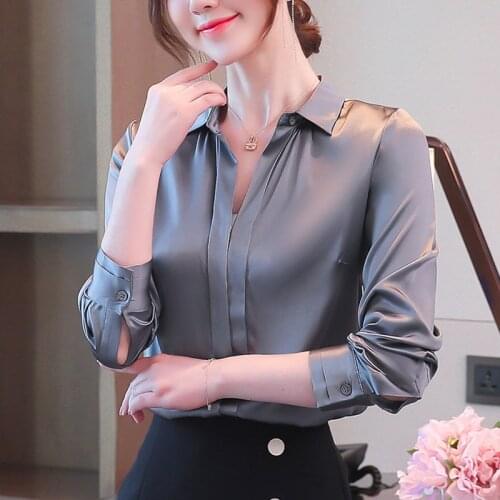 Shirt Womens Long-sleeved 2020 Autumn Fashion Korean Style Satin Solid Casual Chiffon Spliced V-Neck White Blusas Female 0891
