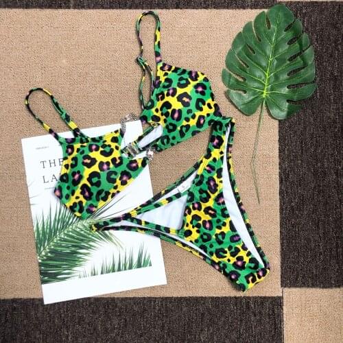 2Pcs Women Summer Swimwear, Multicolor Leopard Printed V-Neck Bra + High Waist Panty Bikini Set for Girls