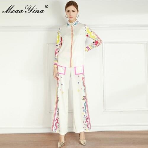 MoaaYina Fashion Designer Set Spring Womens Long sleeve Blouses Tops+Bell-bottoms Indie Folk Print Two-piece suit