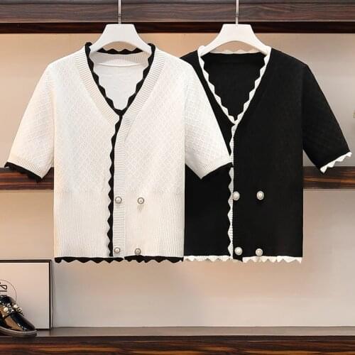 Korean College Style Summer Geometric Pattern Argyle Pullovers Loose Oversized v-Neck Knitted Sweaters Woman Jumper Mujer