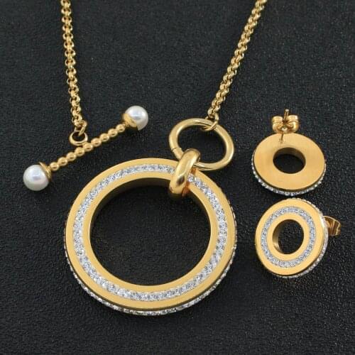 Fashion Stainless Steel Big Crystal Round Chain Necklace Earrings Jewelry Sets For Womans Gift Free Shipping SBJZBKEG-1