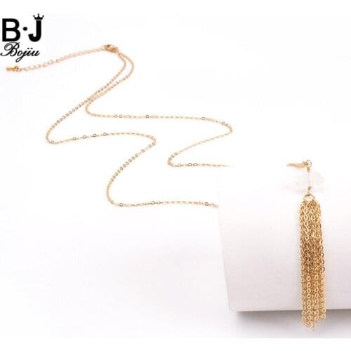 Bojiu Women Necklace Gold-color Trendy Natural Stone Long Copper Tassel Pendant Cable Chain Necklaces Simple New Jewelry NKS122