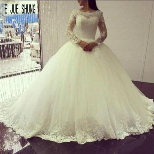 E JUE SHUNG Ivory Arabic Princess Ball Gown Wedding Dresses Jewel Neck Long Sleeve Lace Up Back Bridal Gowns vestidos de novia