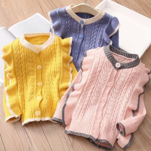2021 Autumn Spring 2 3 4 6 8 10 Years Child Baby All Match Cotton Knitted Ruffle Jacket For Little Girl Cardigan Sweaters Kids