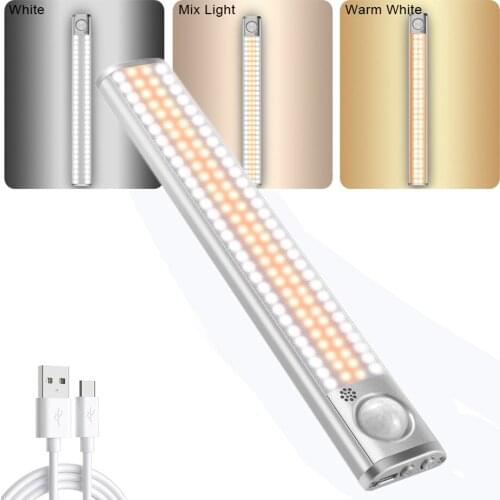 3 Colors PIR Motion Sensor Led Cabinet Light 80/120/160LEDs Dimmable Wardrobe Closet Lights USB Rechargeable Night Lamp 3 Modes