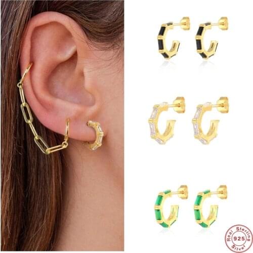 Aide 925 Sterling Silver Gold Black Green Zircon CZ Hoop C Circle Earrings Huggies Rock Punk Luxury CZ Pave 2021 Trend Jewelry