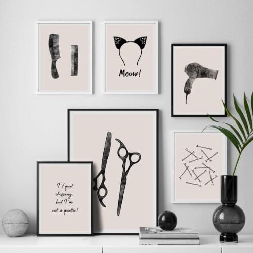 Hair Accessories And Hair Cutting Tools Canvas Painting Comb Scissors Cat Ear Headband Poster And Print Wall Art Hair Salon Deco
