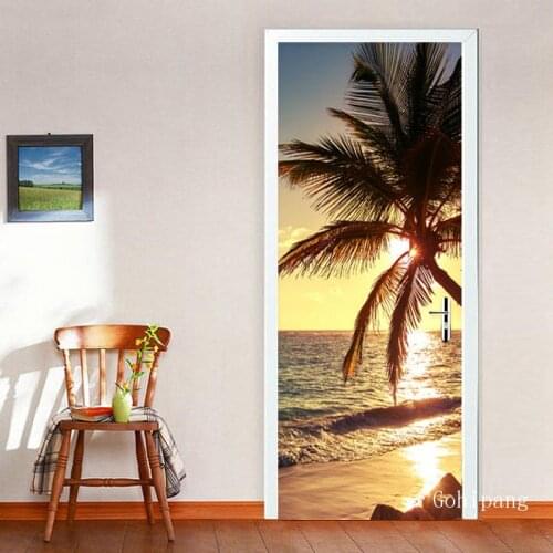 Door Sticker Beach Coconut Tree Sunrise Living Room Dining Room Romantic Home Decor Paste Pvc Self-Adhesive Waterproof Stickers