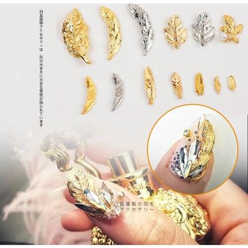 10pcs Light Luxury Golden Metal Feather Leaf Alloy Nail Charms Studs Rivet Jewelry Phototherapy Nail Polish Glue Decoration