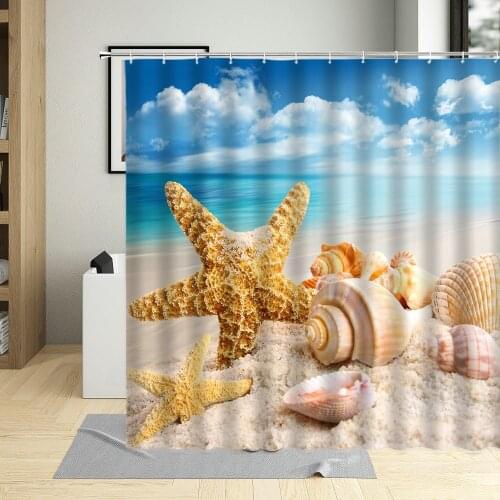 3D Summer Beach Shell Shower Curtains Starfish Sea landscape Curtain Waterproof Bathroom Sets With Hooks Washable Fabric Decor