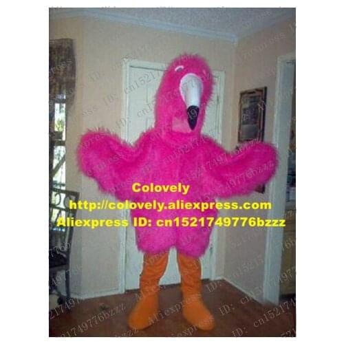 Fancy Pink Flamingo Bird Mascot Costume Mascotte With Hairy Wings Big Orange Feet Adult Plush Long Fur No.1632 Free Shipping