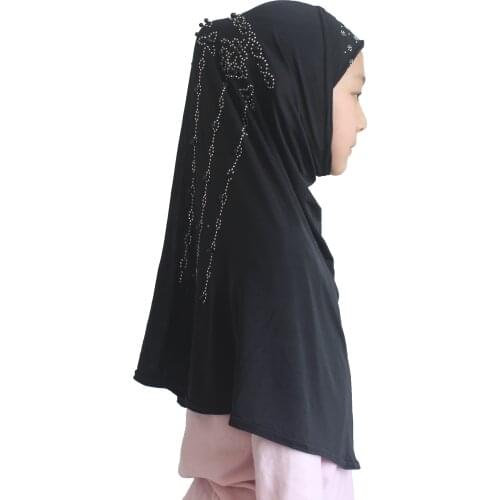 Muslim Girls Hijab Islamic Scarf Shawls Soft Stretch Material for 7 to 14 years old Girls with Diamond Pearl