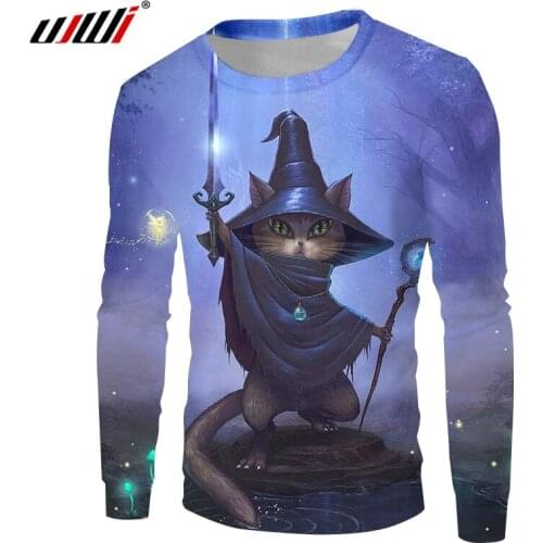 UJWI 2019 3D Fashion Print Magic Cat Casual Mens Sweatshirt Summer Punk Men Long Sleeve Shirt Large Size 5XL