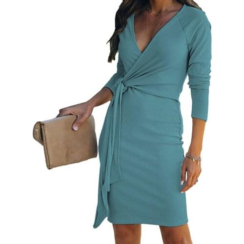 Solid Color Women V-neck Dresses Casual Long Sleeve Female Mini Dress Cross Lace-up Casual Ladies Elegant Slim Fit Party Vestido