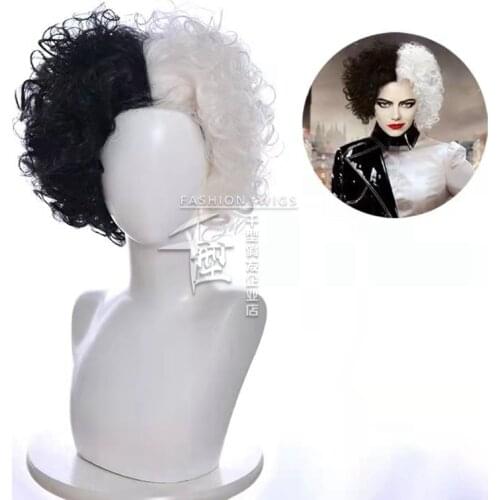 Cruella de Vil Cosplay Wig Black and White Synthetic Hair Heat Resistant Role Play Hairs for Halloween Christmas Carnival