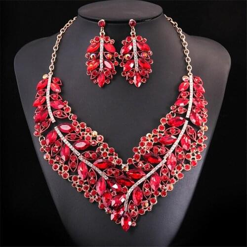 Luxury Big Crystal Statement Necklace Earrings Dubai Jewelry Sets Indian Bridal Wedding Party Womens Fashion Costume Jewellery
