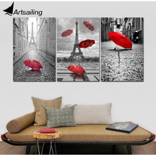 ArtSailing 3pcs Canvas Black and White France Tower with Red Unbrella on Paris Street Painting Romantic Picture Print NY-7785D