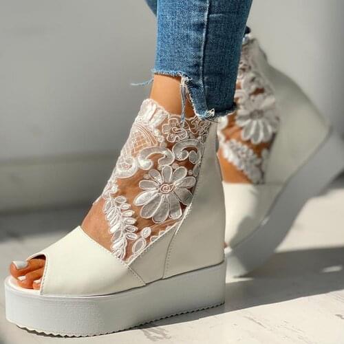 Spring ladies sandals high heels casual ethnic style open-toed wedges thick bottoms heightened chunky ladies shoes