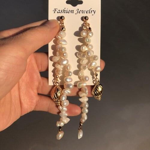 KBJW Real Pearl Tassel Earrings Irregular Baroque Pearl Jewelry Earrings Alloy Shell Pendant Earrings for Women 2019 Best Gift